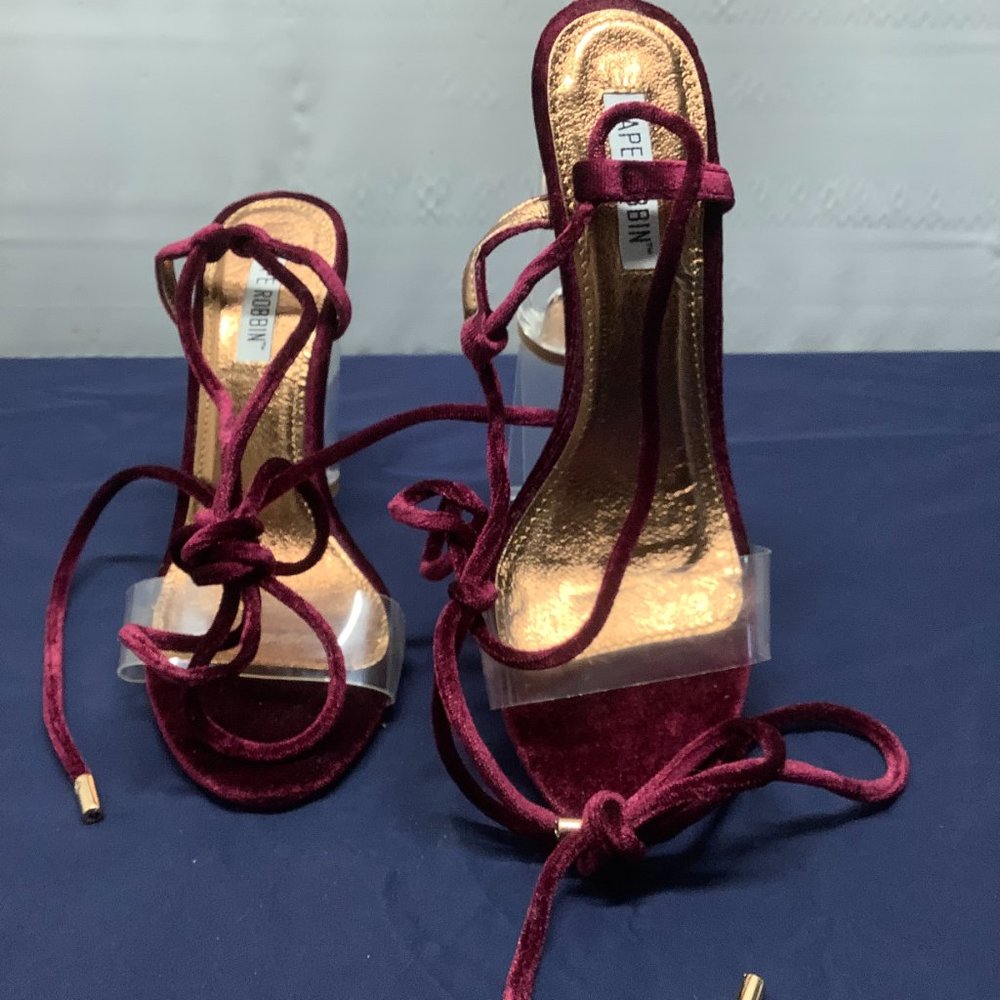CAPE ROBBIN CLEAR HEEL STRAPPY HEELS - WINE SIZE 6.5 (NEW IN BOX)